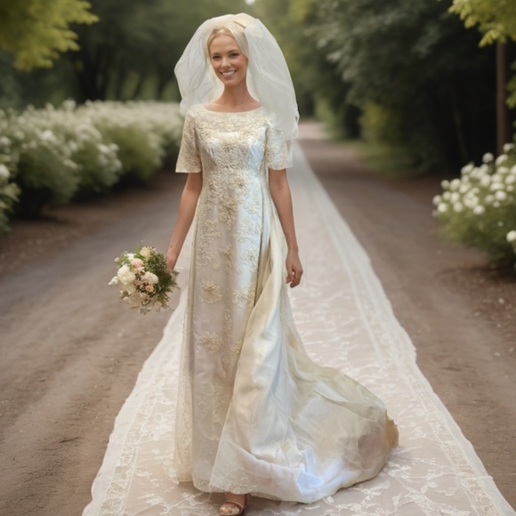 60s IVORY LACE & COTTON VOILE BEADED WEDDING GOWN W WATTEAU TRAIN & VEIL SZ S - Picture 1 of 14